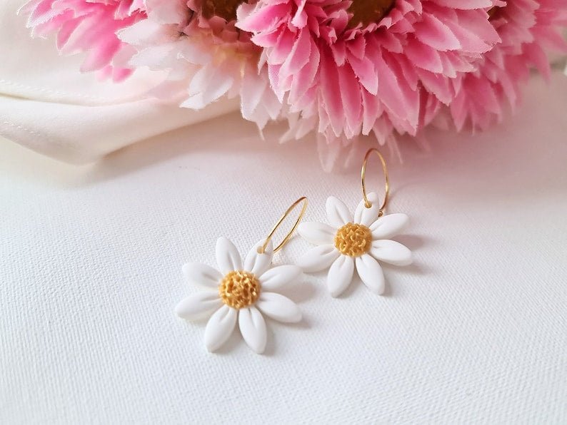 Daisy Hoop Earrings, Polymer Clay Floral Earrings, 18k gold plated hoops - Studio Niani