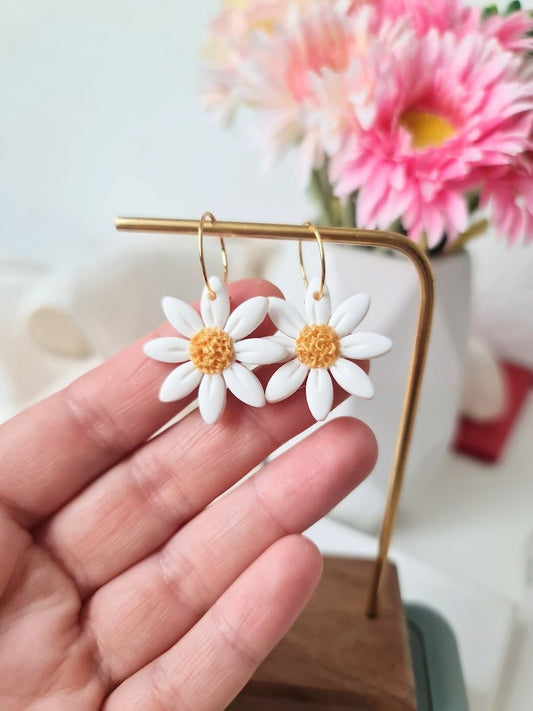 Daisy Hoop Earrings, Polymer Clay Floral Earrings, 18k gold plated hoops - Studio Niani