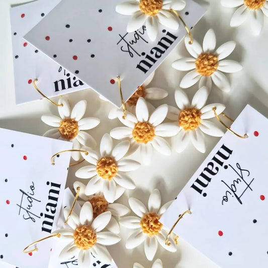Daisy Hoop Earrings, Polymer Clay Floral Earrings, 18k gold plated hoops