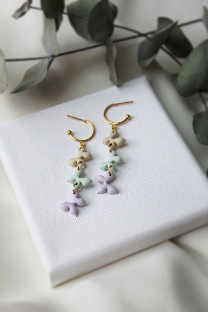 Dangle Butterfly Earrings, Cute Earrings for Spring, Polymer Clay Earrings in Beige, Light Purple and Sage green colors - Studio Niani