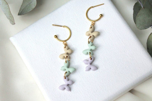 Dangle Butterfly Earrings, Cute Earrings for Spring, Polymer Clay Earrings in Beige, Light Purple and Sage green colors - Studio Niani