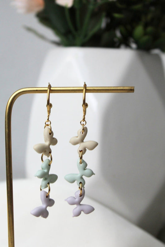 Dangle Butterfly Earrings, Cute Earrings for Spring, Polymer Clay Earrings in Beige, Light Purple and Sage green colors - Studio Niani