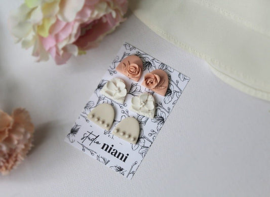 Earrings Stud Pack, Set of 3 pair of earrings, Polymer Clay Earrings, Elegant and Bridal - Studio Niani