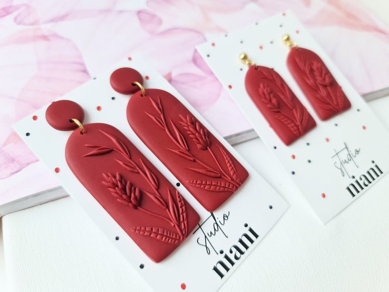 Elegant Lavender Earrings, Polymer Clay Earrings,, Floral Maroon - Studio Niani