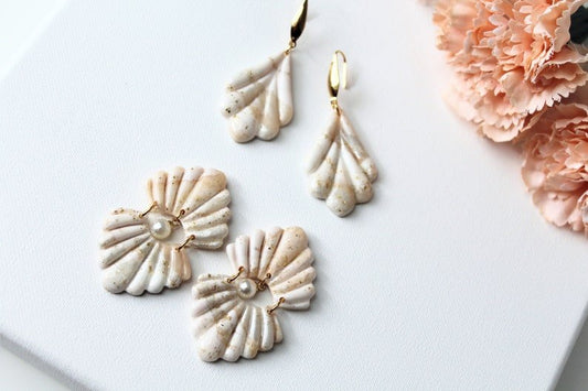 Elegant Polymer Clay Earrings, Shell and Teardrop design - Studio Niani