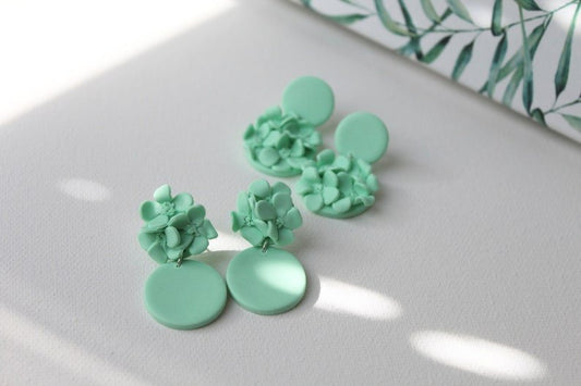 Floral Earrings, Polymer Clay Earrings, Mint Color - Studio Niani