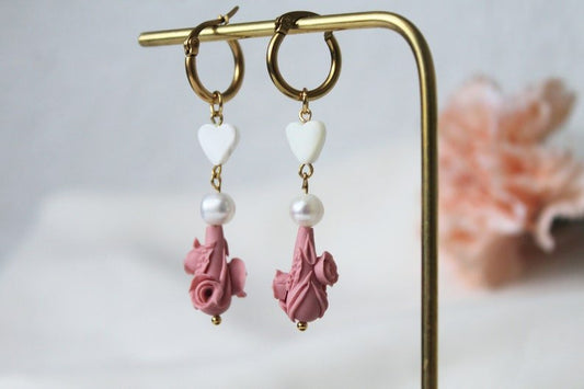 Floral Hoop Earrings, Polymer Clay Earrings, Freshwater Pearls and Shell, 18k Gold Plated Hoops - Studio Niani