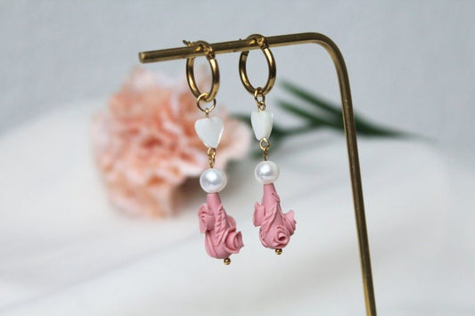 Floral Hoop Earrings, Polymer Clay Earrings, Freshwater Pearls and Shell, 18k Gold Plated Hoops - Studio Niani