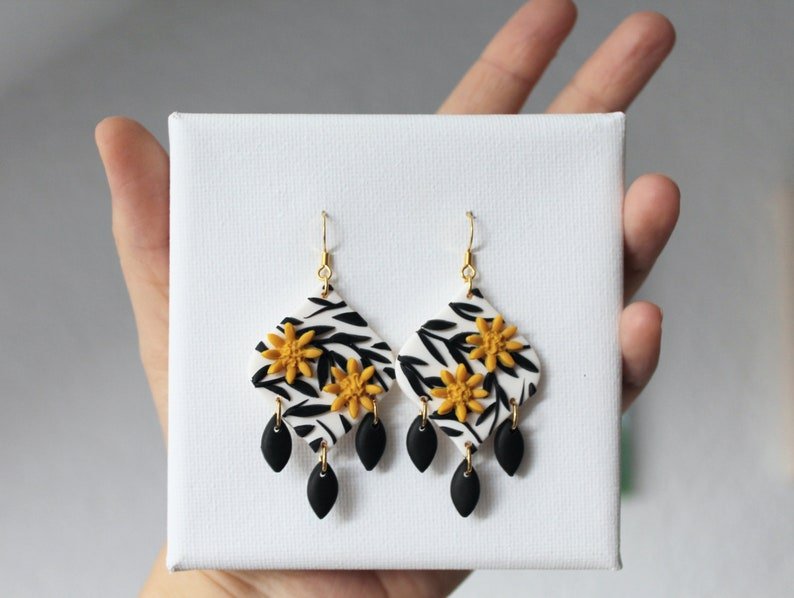 Floral Statement Earrings, Polymer Clay Earrings, Elegant Modern Jewelry, Botanical Earrings - Studio Niani