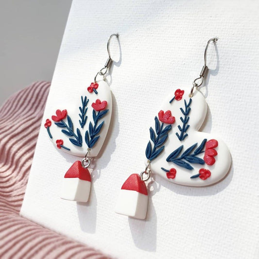 Flying House Earrings, Polymer Clay Earrings, Floral Earrings, Valentines Day Gift for Her, Heart Shape - Studio Niani