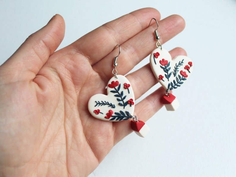 Flying House Earrings, Polymer Clay Earrings, Floral Earrings, Valentines Day Gift for Her, Heart Shape - Studio Niani