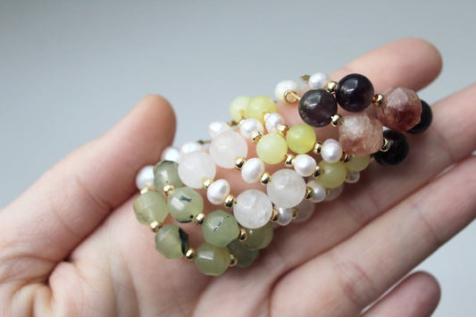 Gemstone and Pearls Hoops, 24k plated hoops, Amethyst, Sunstone, Prehnite, Jade - Studio Niani