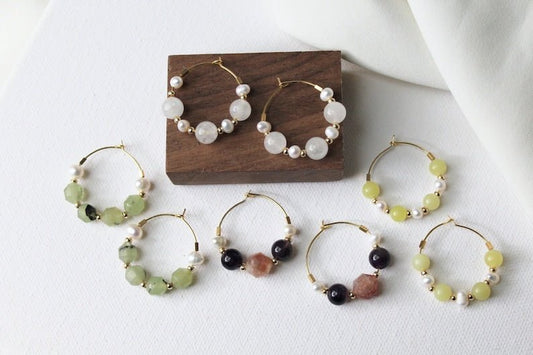 Gemstone and Pearls Hoops, 24k plated hoops, Amethyst, Sunstone, Prehnite, Jade - Studio Niani