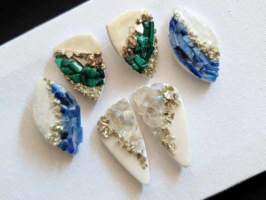 Gemstone Earrings, Stud Earrings, Malachite, Blue Kyanite, Moonstone, Geode Art on Polymer Clay - Studio Niani