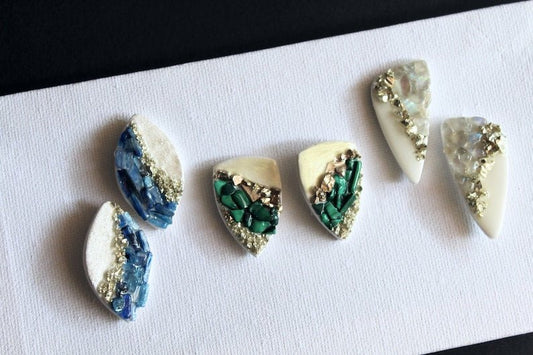 Gemstone Earrings, Stud Earrings, Malachite, Blue Kyanite, Moonstone, Geode Art on Polymer Clay - Studio Niani