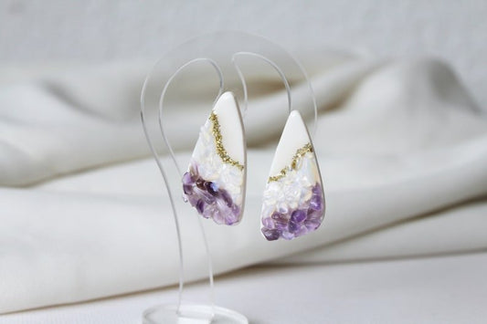 Gemstone Earrings with natural Amethyst and Opalite geode art, Large Statement Studs, Polymer Clay Earrings, - Studio Niani