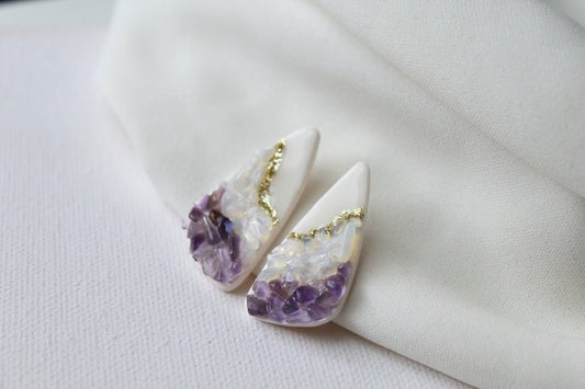 Gemstone Earrings with natural Amethyst and Opalite geode art, Large Statement Studs, Polymer Clay Earrings, - Studio Niani