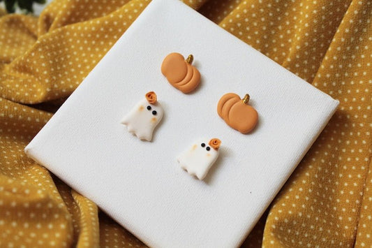 Ghost and Pumpkin Stud Earrings, Polymer Clay Stud Pack, Halloween and Autumn Earrings - Studio Niani