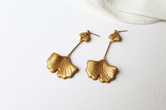 Ginkgo Earrings, Polymer Clay Earrings, Nature Lover Gift, 18K gold plated studs - Studio Niani