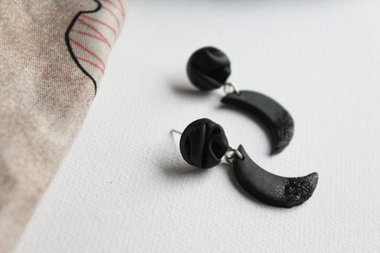 Half Moon Earrings, Polymer Clay Earrings, Black with black glitter - Studio Niani