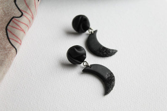 Half Moon Earrings, Polymer Clay Earrings, Black with black glitter - Studio Niani