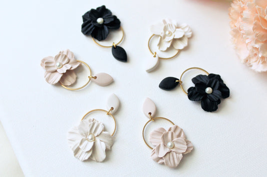 Flower Earrings, Polymer Clay Earrings, Neutral, Beige, White, Black Earrings