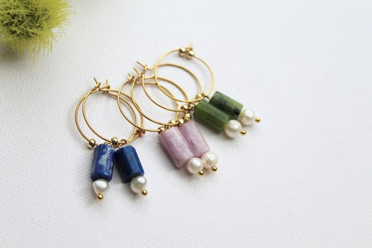 Hoop Earrings with Gemstones and Freshwater Pearls, Lapis Lazuli, Purple Kunzite, Canadian Jade - Studio Niani