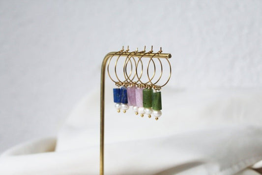 Hoop Earrings with Gemstones and Freshwater Pearls, Lapis Lazuli, Purple Kunzite, Canadian Jade - Studio Niani