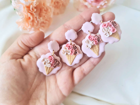 Ice Cream Earrings, Rose Earrings, Polymer clay, Pink, Beige and Brown
