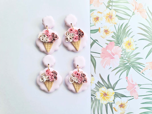 Ice Cream Earrings, Rose Earrings, Polymer clay, Pink, Beige and Brown