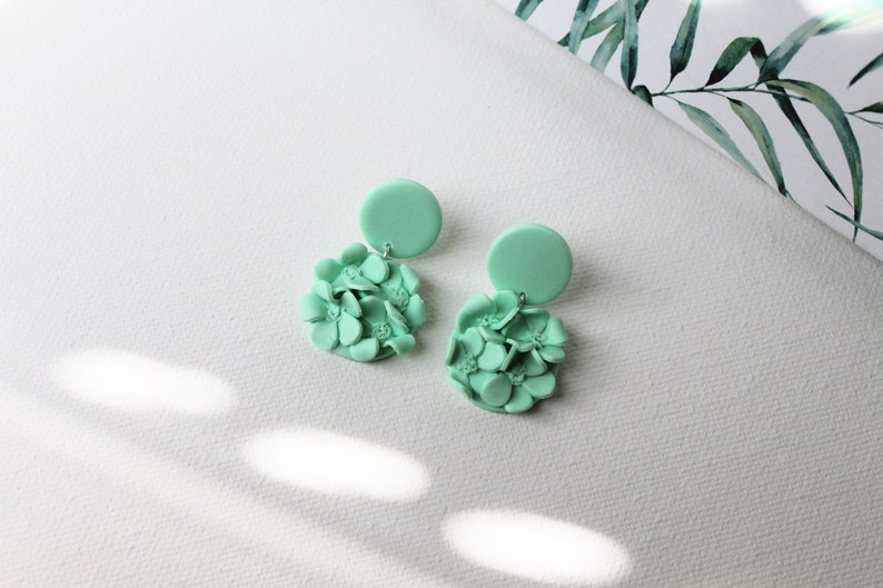 Floral Earrings, Polymer Clay Earrings, Spring Earrings, Flower Earrings, Statement Earrings, Summer Earrings, Mint, Floral Earrings Polymer