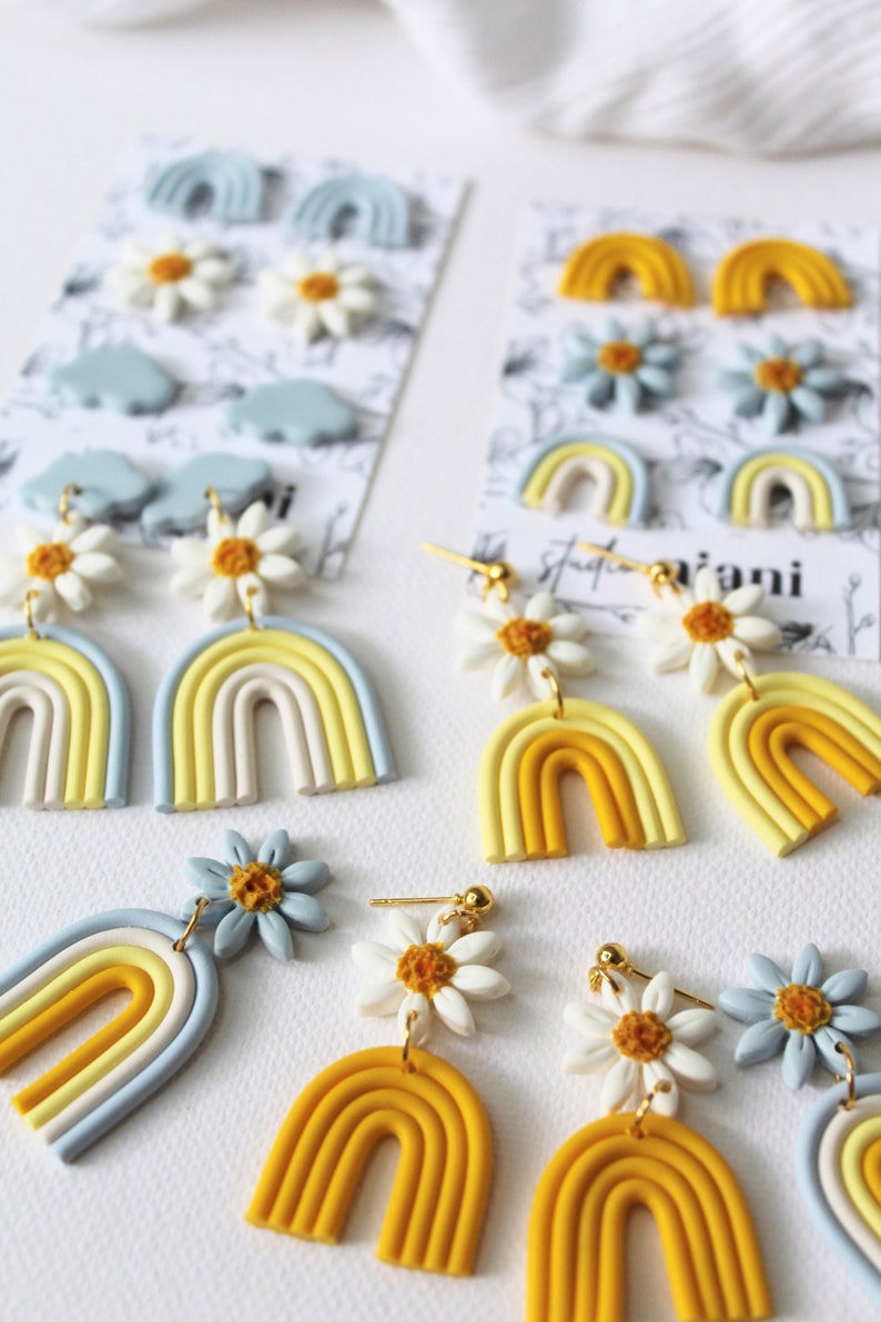 Rainbow Earrings, Daisy Earrings, Polymer Clay Earrings, Boho Earrings, Statement Earrings, Summer, Unique, Handmade, Rainbow Earrings Clay