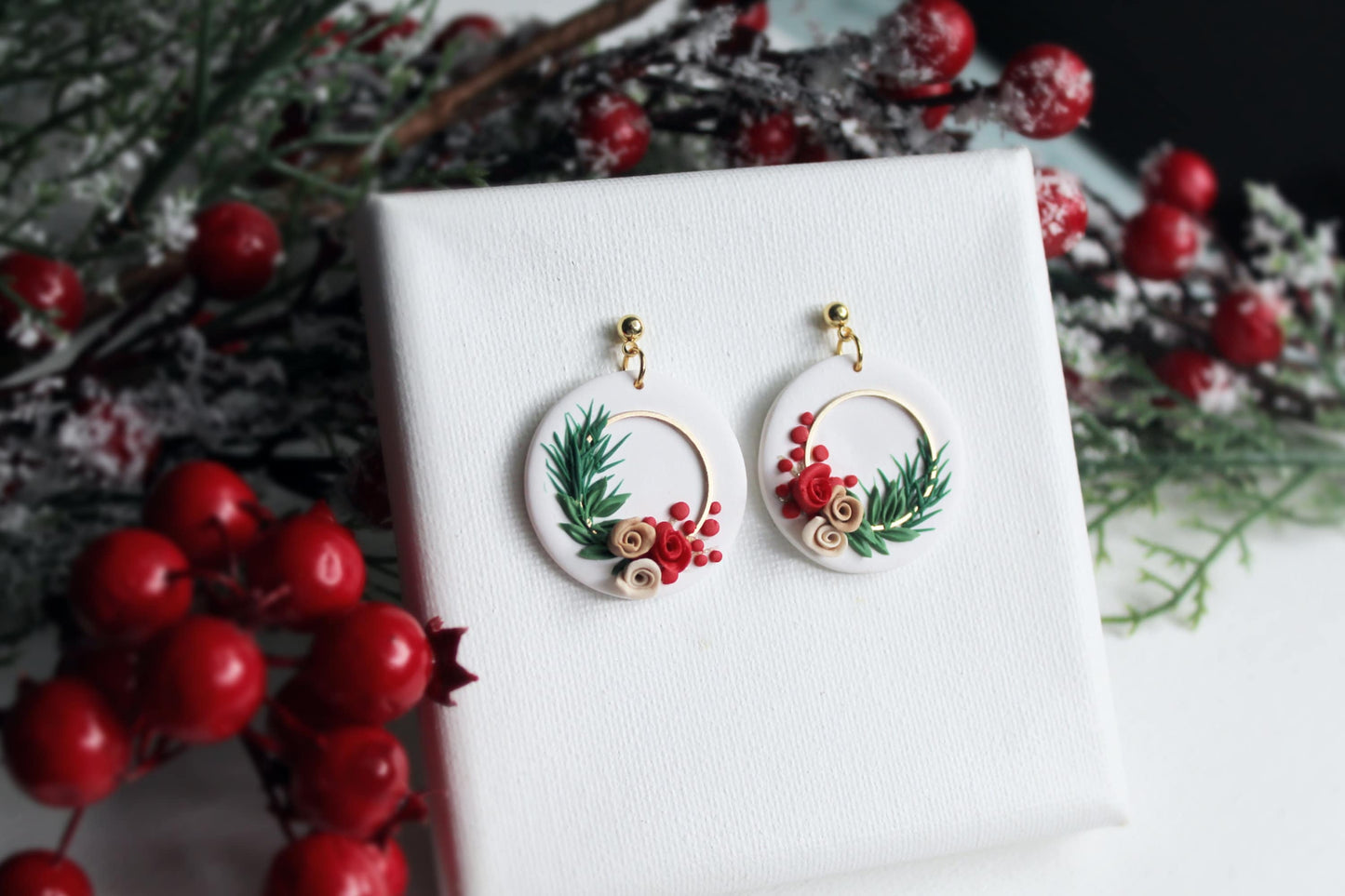 Winter Earrings, Polymer Clay Earrings, Christmas Earrings, Statement Earrings, Wreath Earrings, Holiday Earrings, Clay Earrings, Handmade