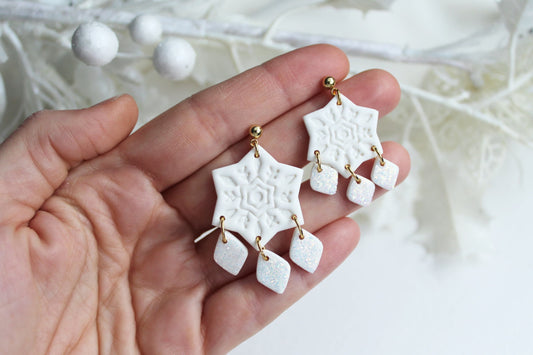 Snowflake Earrings, Polymer Clay Earrings, Winter Earrings, Christmas Earrings, Statement Earrings, Holiday Earrings, White,Glitter,Handmade