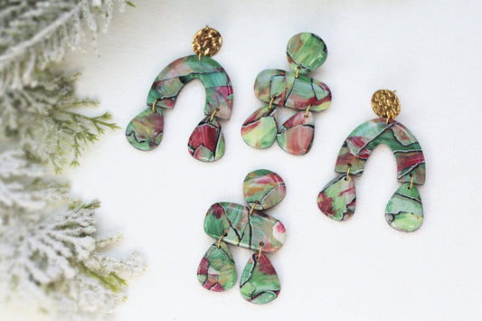 Polymer Clay Earrings, Handmade Earrings, Green Earrings, Festive, Clay Earrings, Art Earrings, Statement Earrings, Unique, Gift, Winter