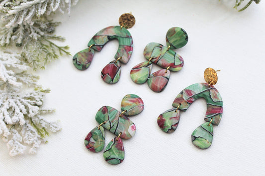 Polymer Clay Earrings, Handmade Earrings, Green Earrings, Festive, Clay Earrings, Art Earrings, Statement Earrings, Unique, Gift, Winter