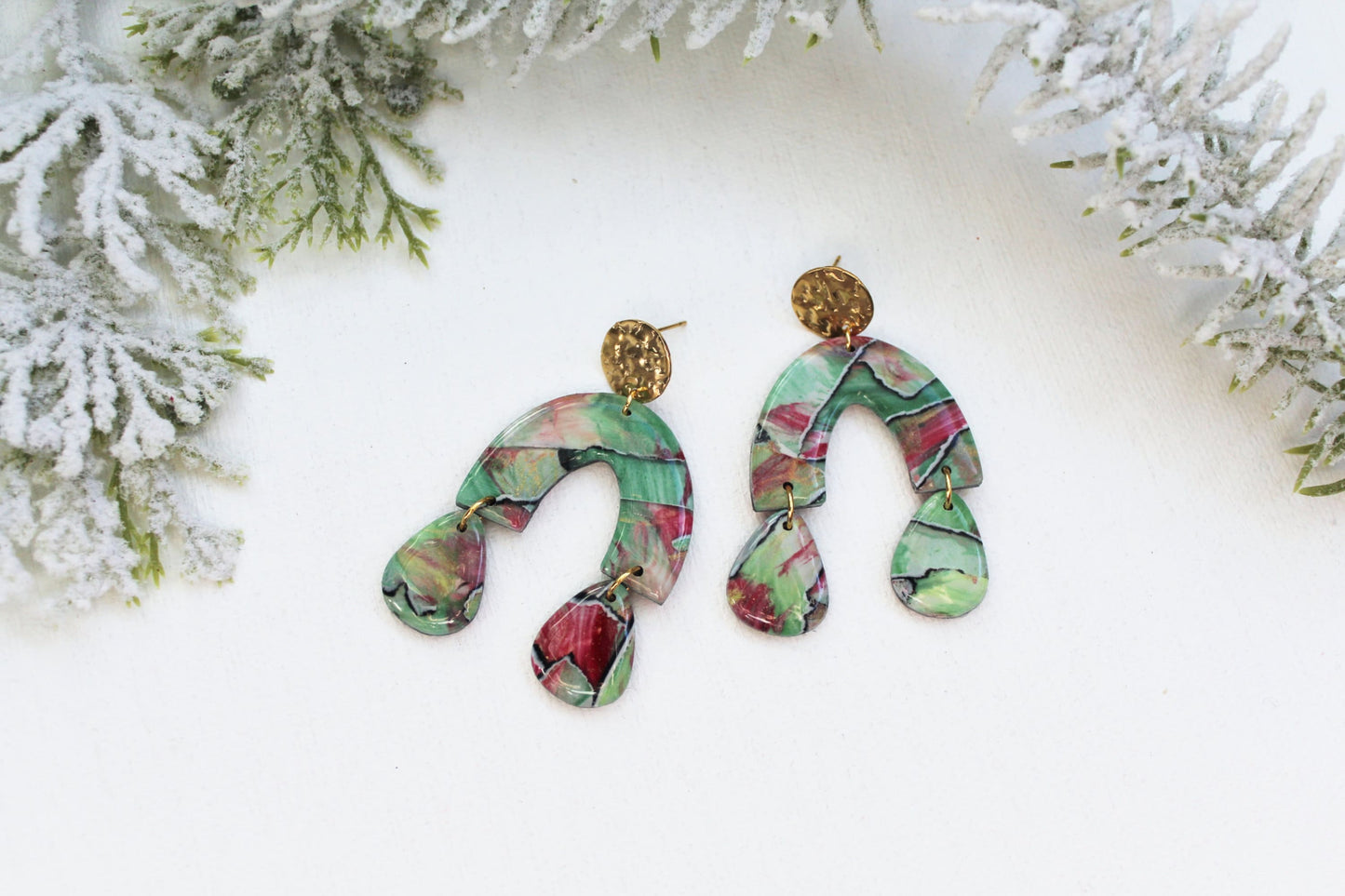 Polymer Clay Earrings, Handmade Earrings, Green Earrings, Festive, Clay Earrings, Art Earrings, Statement Earrings, Unique, Gift, Winter