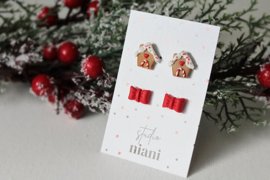 Stud Earrings, Christmas Earrings, Gingerbread House Earrings, Bow Stud Earrings, Polymer Clay Earrings, Gingerbread Earrings Clay, Handmade