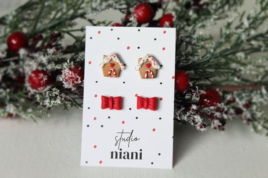 Stud Earrings, Christmas Earrings, Gingerbread House Earrings, Bow Stud Earrings, Polymer Clay Earrings, Gingerbread Earrings Clay, Handmade