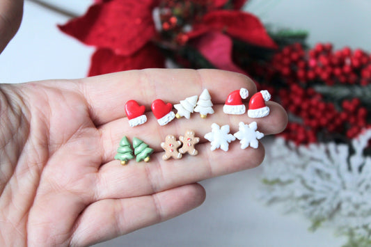 Christmas Earrings, Tiny Stud Earrings, Polymer Clay Earrings, Christmas Stud Earrings, Stud Pack, Gingerbread Man, Christmas Tree,Snowflake
