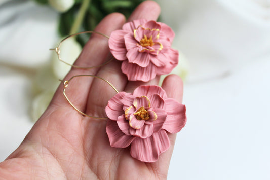 Flower Hoop Earrings, Hoop Earrings, Clay Earrings, Floral Earrings, Pink, Hoops, Spring Earrings, Statement Earrings, Handmade, 18k gold