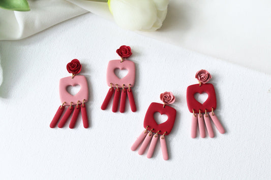 Valentine's Day Earrings, Polymer Clay Earrings, Heart Earrings, Clay Earrings, Floral Earrings, Cute Earrings,Red,Pink,Valentine's Earrings