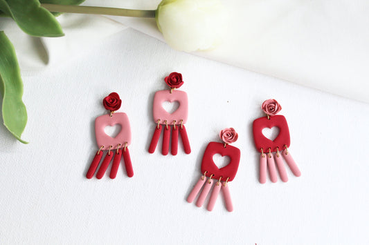 Valentine's Day Earrings, Polymer Clay Earrings, Heart Earrings, Clay Earrings, Floral Earrings, Cute Earrings,Red,Pink,Valentine's Earrings