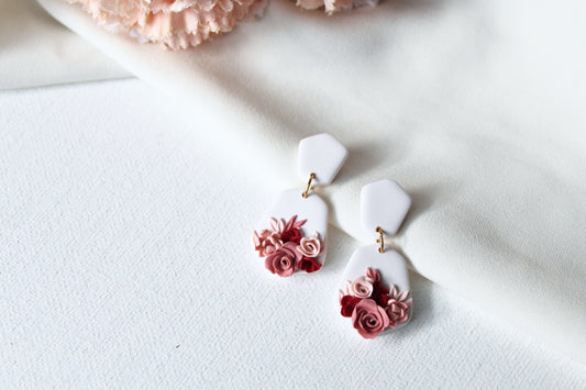 White Earrings, Flower Clay Earrings, Wedding Earrings, Polymer Clay Earrings, Floral Earrings Dangle, Spring Earrings, Valentine's,Handmade
