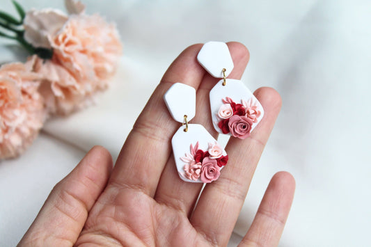 White Earrings, Flower Clay Earrings, Wedding Earrings, Polymer Clay Earrings, Floral Earrings Dangle, Spring Earrings, Valentine's,Handmade