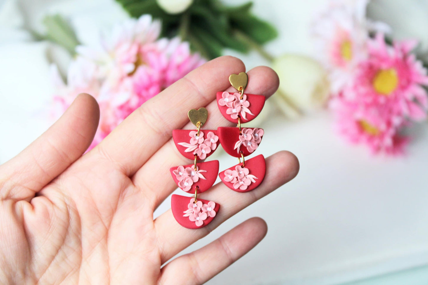 Flower Clay Earrings, Statement Earrings, Valentine's Earrings, Gift, Polymer Clay Earrings, Floral Earrings Dangle,Floral Earrings,Handmade