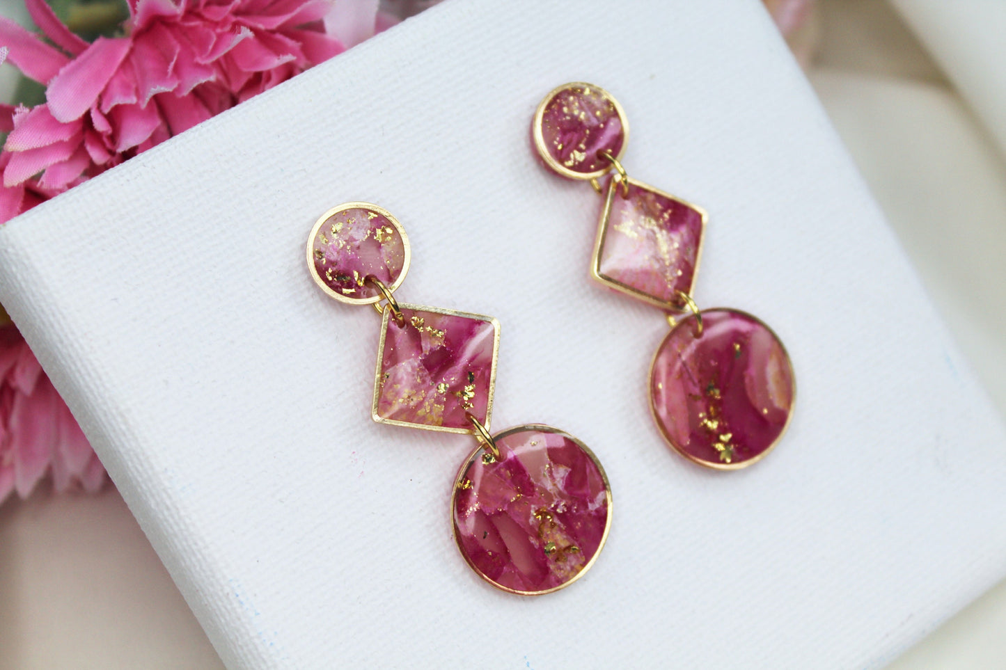 Statement Earrings, Earrings, Marble Clay Earrings, Pink, Geometric, Elegant Earrings, Polymer Clay Earrings, Aesthetic, Handmade Earrings