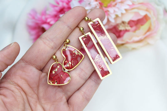 Heart Earrings, Geometric Earrings, Statement Earrings, Marble Clay Earrings, Elegant Earrings, Clay Earrings, Aesthetic, Handmade Earrings