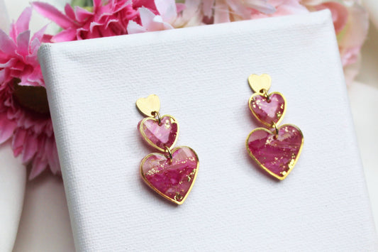 Heart Earrings, Valentine's Day Earrings, Marble Polymer Clay Earrings, Statement Earrings, Elegant Earrings, Pink Earrings, Handmade, Gift