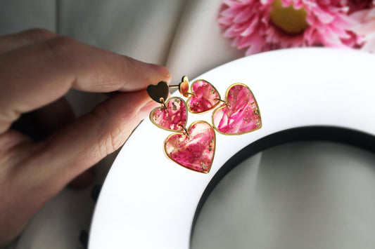 Heart Earrings, Valentine's Day Earrings, Marble Polymer Clay Earrings, Statement Earrings, Elegant Earrings, Pink Earrings, Handmade, Gift
